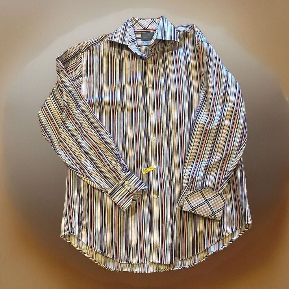 Thomas Dean Mens Size‎ Med Striped Cotton Flip Cuffs Long Sleeve Casual Shirt